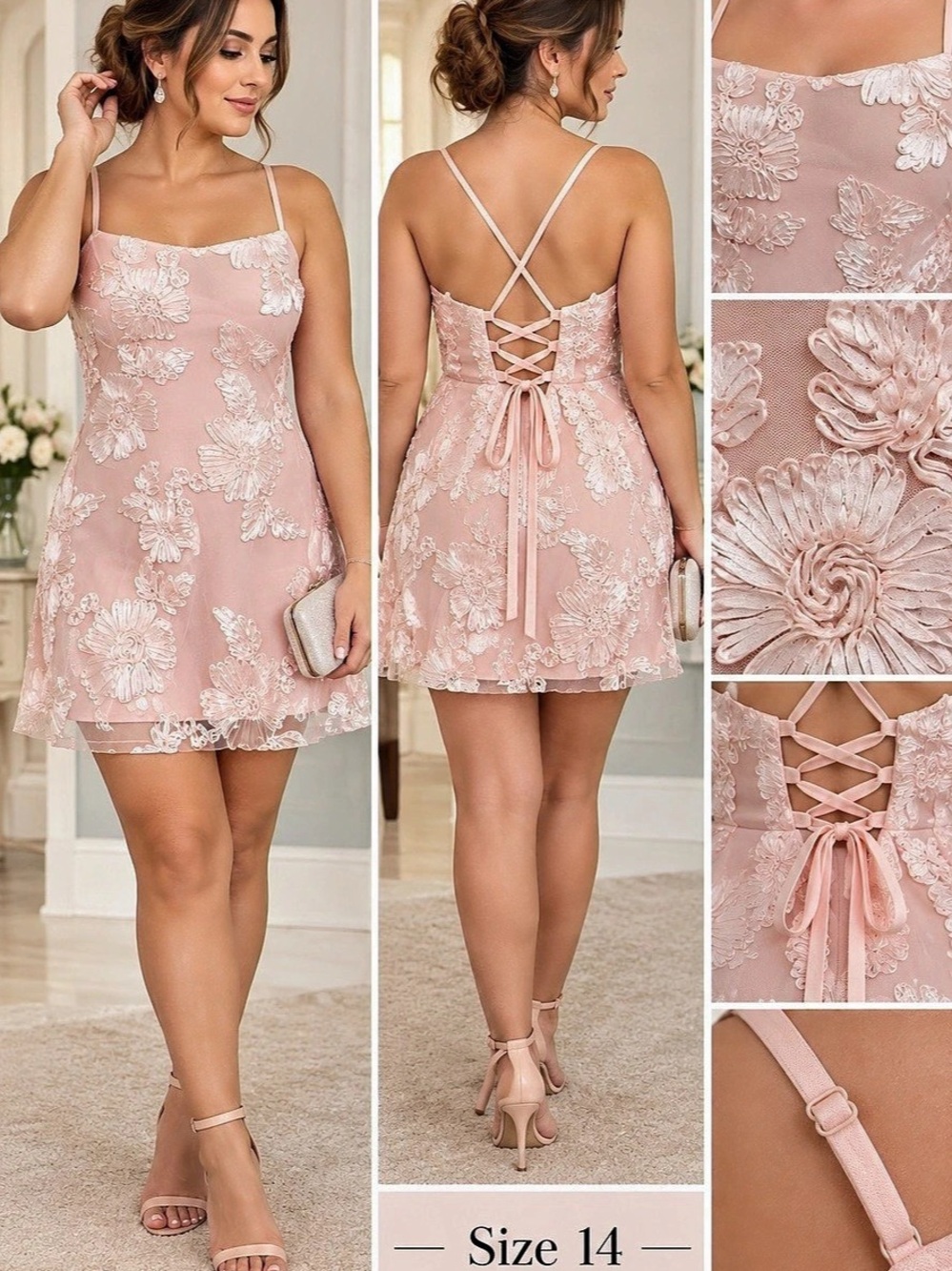 Formal Dress Floral Mini Dress in Pink Size 14 NWT